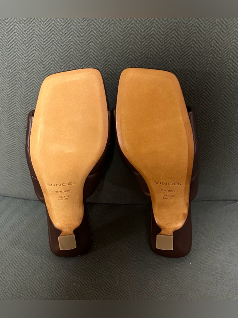VINCE Cecil Slide Heel Sandals Women 8.5 Quilted Leather Square Toe Kitten Brown - Picture 7 of 7